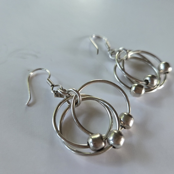 Modernist Sterling Silver Hoop & Ball Dangle Earrings - Picture 2 of 3
